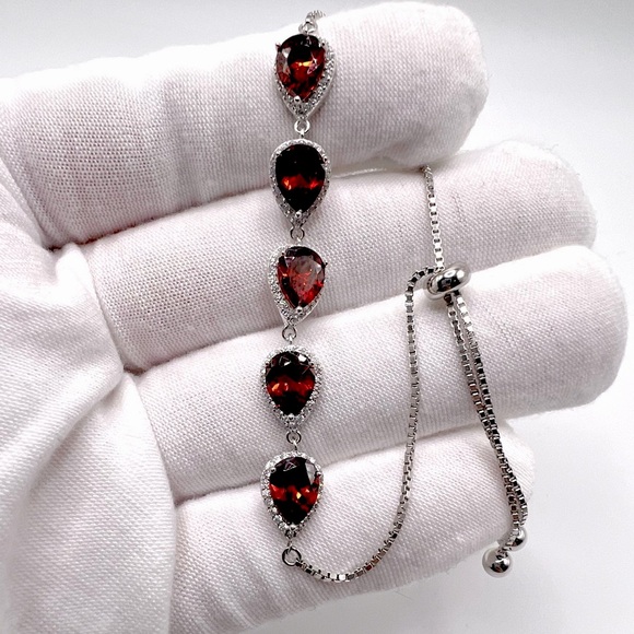 .925 Sterling Silver Pear Shaped Red Cz & Clear Cz Bolo Adjustable Bracelet - Picture 9 of 13